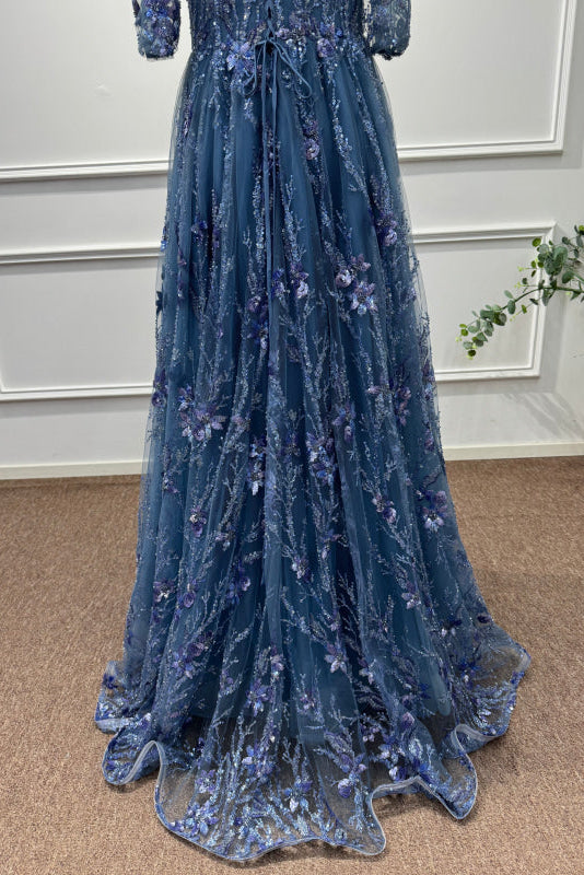 Dusty Blue Square Neck Sequins A-Line Prom Dress - Prom Dresses
