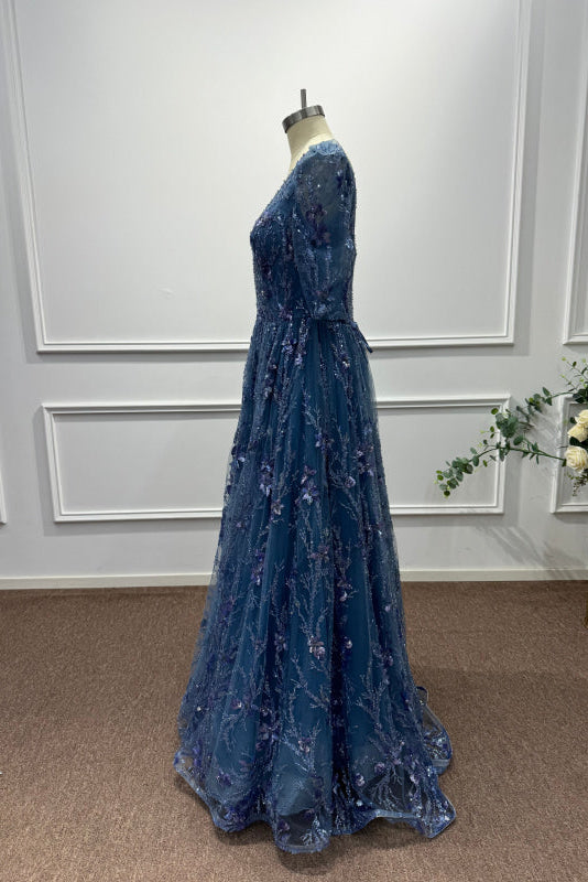 Dusty Blue Square Neck Sequins A-Line Prom Dress - Prom Dresses