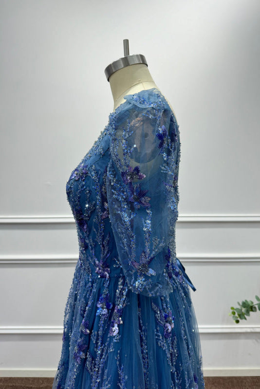 Dusty Blue Square Neck Sequins A-Line Prom Dress - Prom Dresses