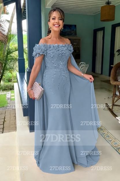 Off-the-Shoulder Pink Flowers Chiffon Mother of the Bride Dress Floor Length Wedding Guest Dress