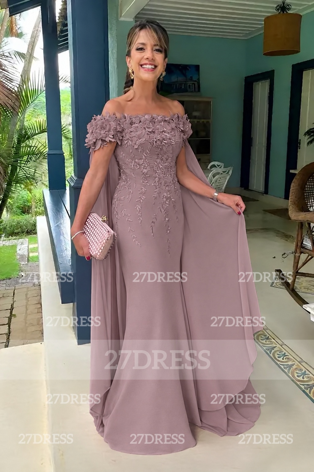 Off-the-Shoulder Pink Flowers Chiffon Mother of the Bride Dress Floor Length Wedding Guest Dress