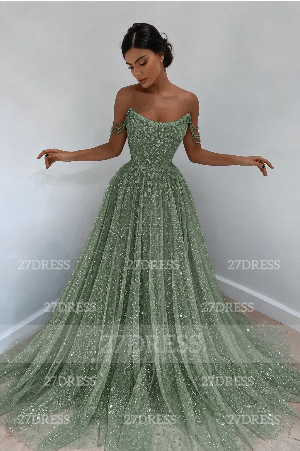 Glitter Off-the-Shoulder Beaded Evening Sequins A-Line Prom Dresses