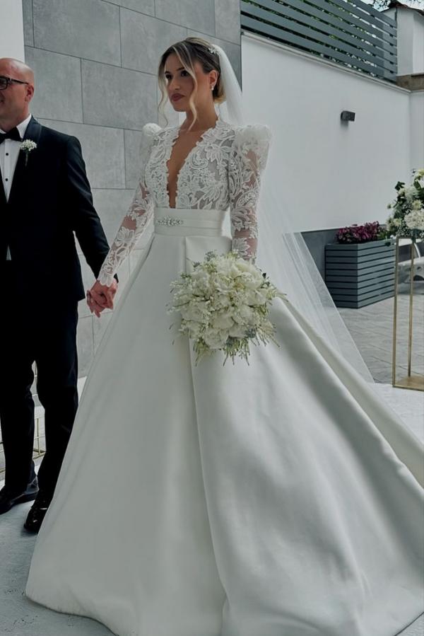Stylish Long Sleeves Lace Aline Wedding Dresses Satin Sweep Train