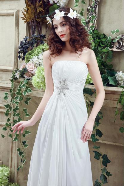 Strapless White Beadss Wedding Dress A-line Sweep Train