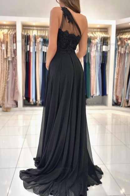 One Shoulder Tulle Side Slit Evening Dress Chiffon Formal Dress