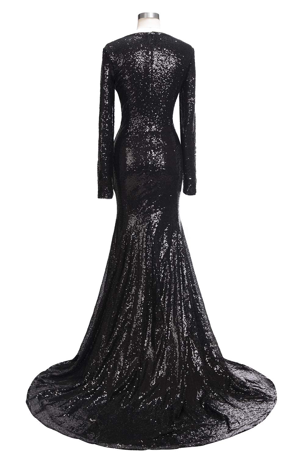 Black sequins prom Dress UK Long sleeve mermaid evening gowns V-Neck
