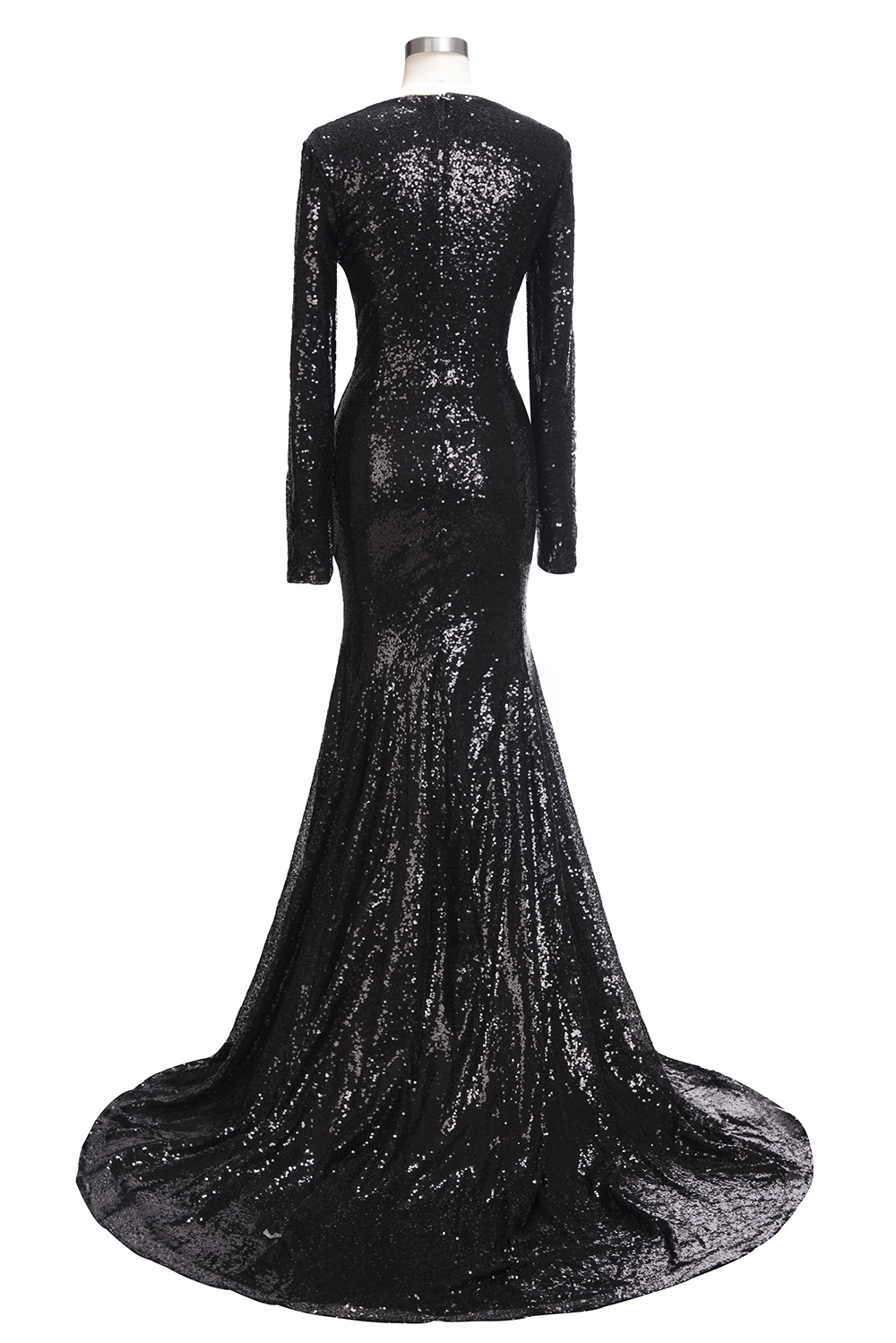 Black sequins prom Dress UK Long sleeve mermaid evening gowns V-Neck