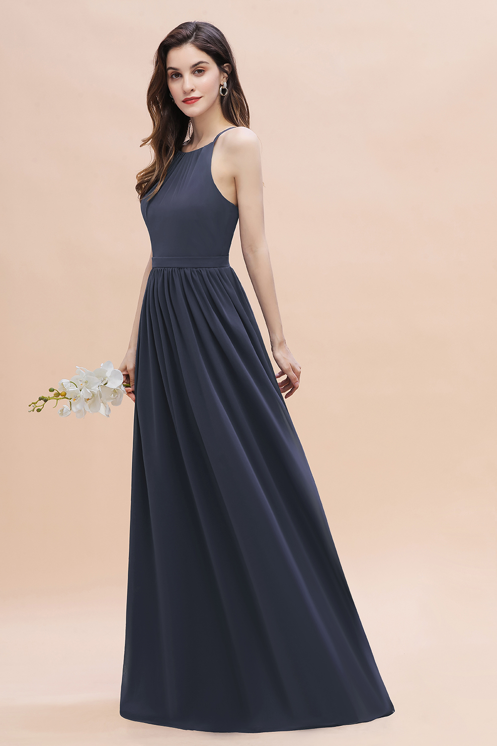 Halter Ruched Chiffon Long Stormy Bridesmaid Dress Sleeveless