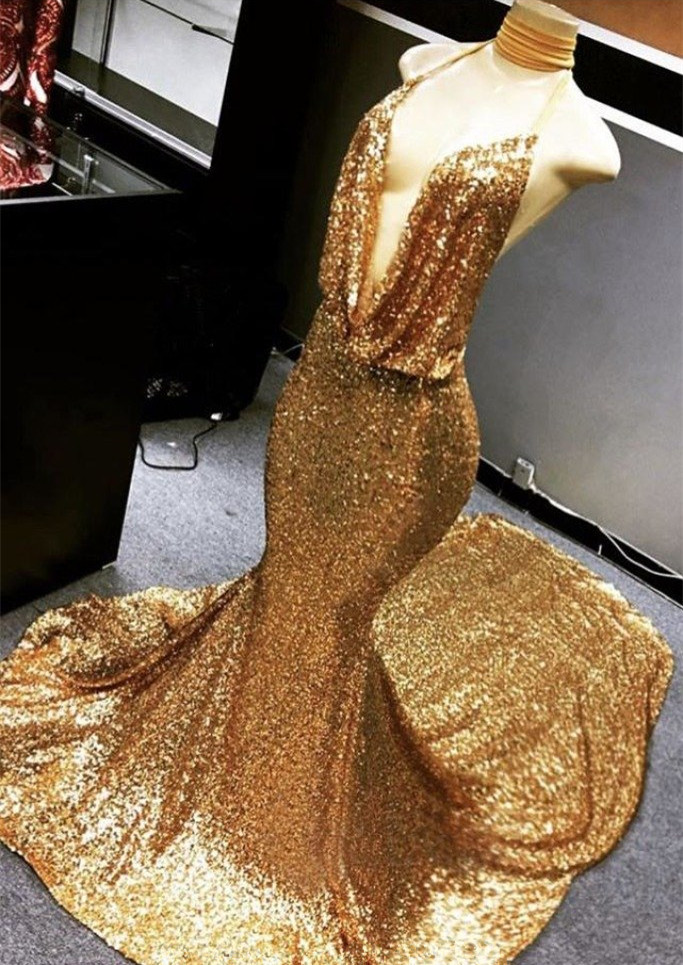 Gold Sparkly Sequined Deep Flow Neck Prom Dress UK | Halter V-neck Ele   27Dress.co.uk