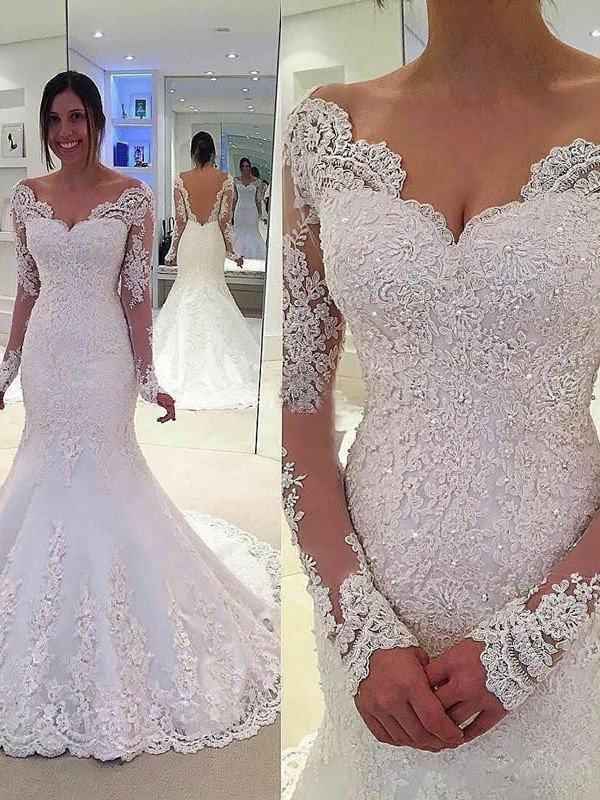 Long Sleeves Sexy Mermaid Tulle V-neck Lace Court Train Wedding Dresses UK