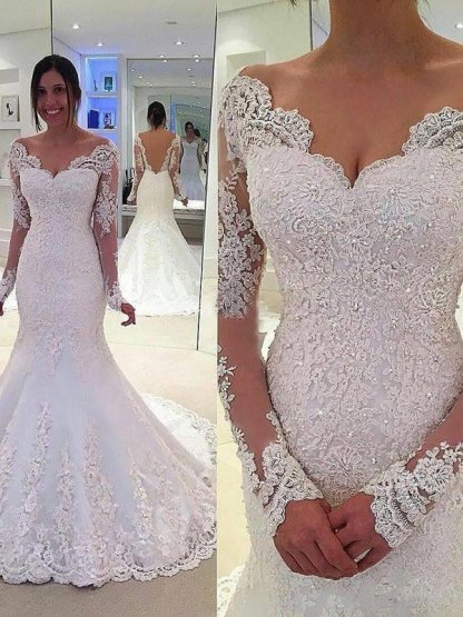 Long Sleeves Sexy Mermaid Tulle V-neck Lace Court Train Wedding Dresses UK