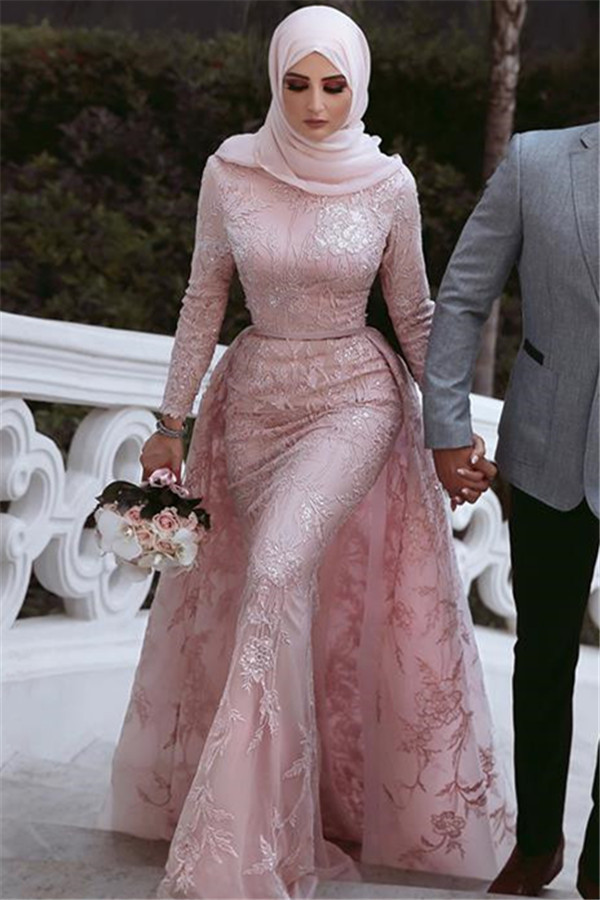 Sweet Pink Detachable Long-Sleeves Prom Dress UKes UK UK | Sexy Lace Appliques Lace Elegant Trumpt Evening Dress UKes UK