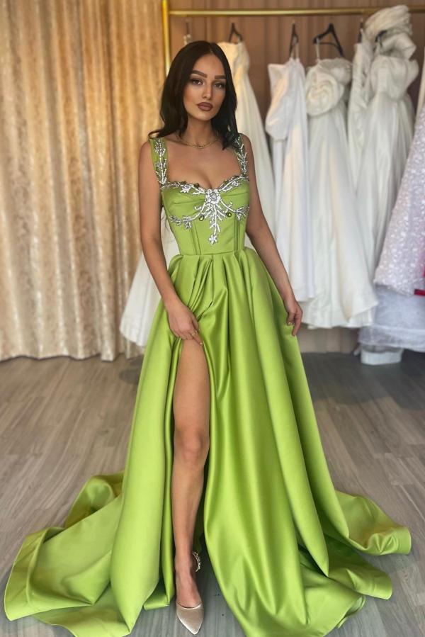 High Split A-Line Long Prom Dress Simple Sleeveless Ruched Satin Prom Dress