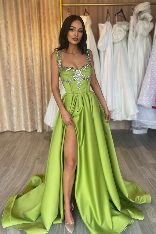 High Split A-Line Long Prom Dress Simple Sleeveless Ruched Satin Prom Dress
