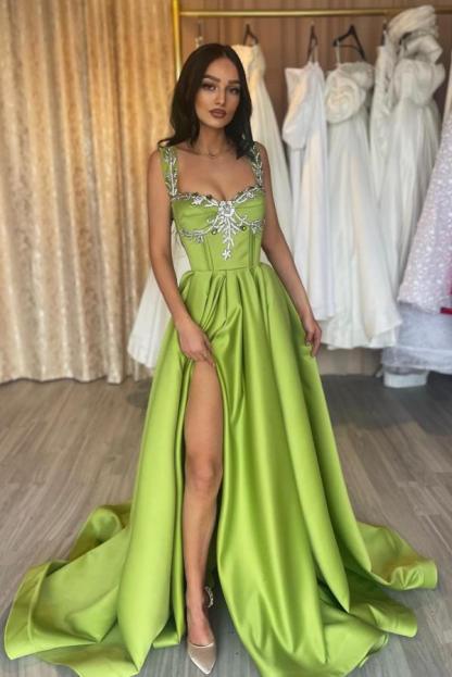 High Split A-Line Long Prom Dress Simple Sleeveless Ruched Satin Prom Dress