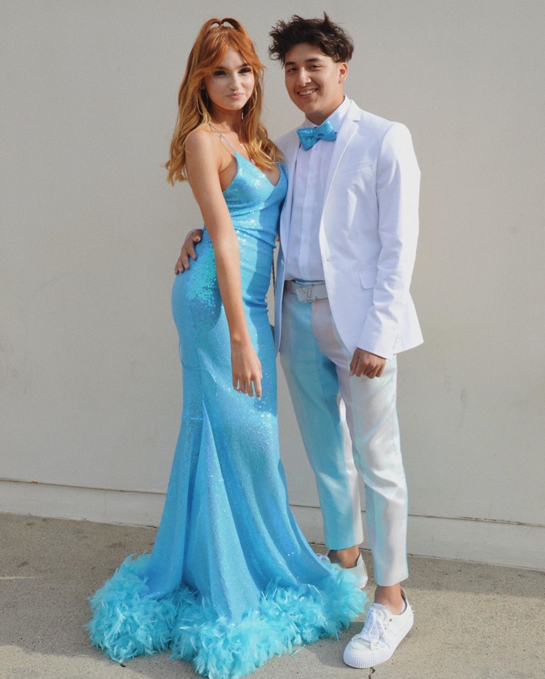 Blue Spaghetti V-neck Sequins Fur Long Mermaid Evening Dresses
