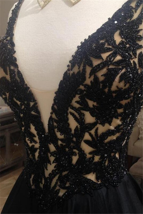 Black Lace Elegant V-Neck Sleeveless Prom Dress UKes UK Open Back Evening Dress UKes UK with Beads