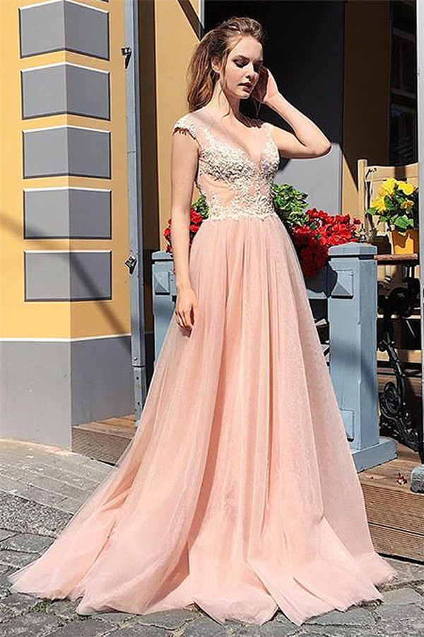 Chic Sleeveless Coral Prom Dresses UK | Appliques V- Neck Long Evening Dress