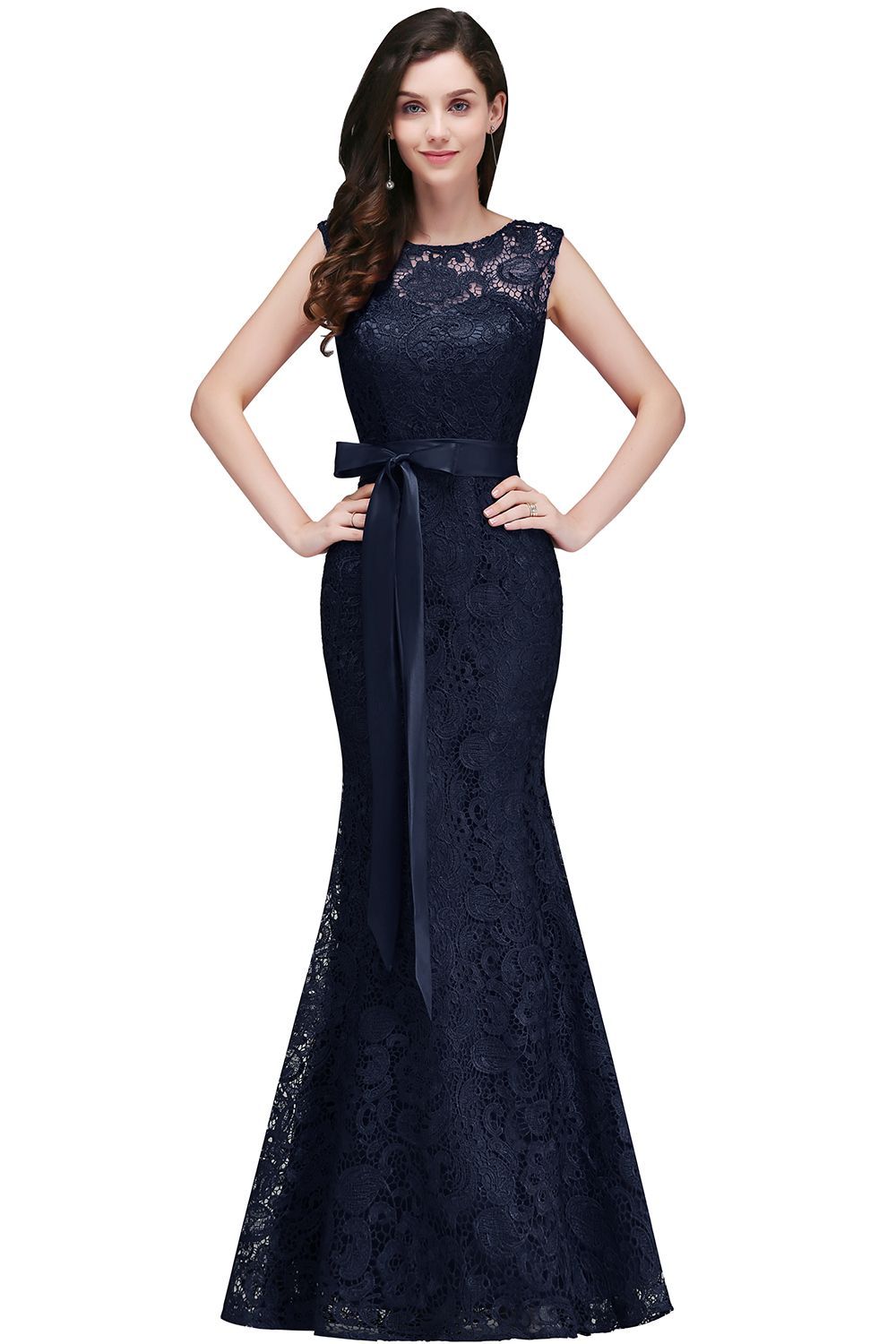 Bowknot-Sash Lace Floor-Length Burgundy Sleeveless Mermaid Prom Dress UKes UK