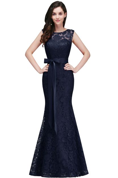 Bowknot-Sash Lace Floor-Length Burgundy Sleeveless Mermaid Prom Dress UKes UK