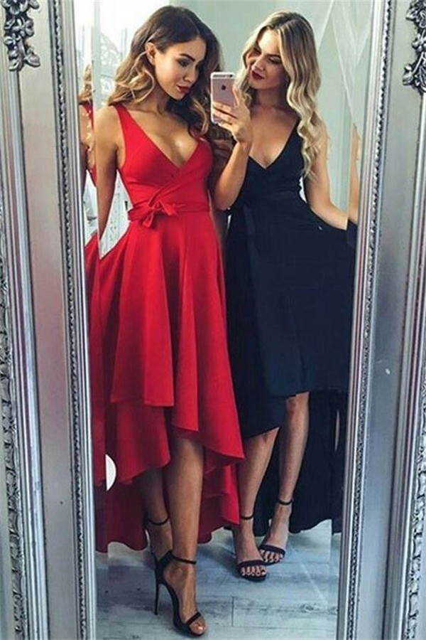 Sexy Bowknot Elegant V-Neck Prom Dress UKes UK Hi-Lo Ruffles Sleeveless Evening Dress UKes UK