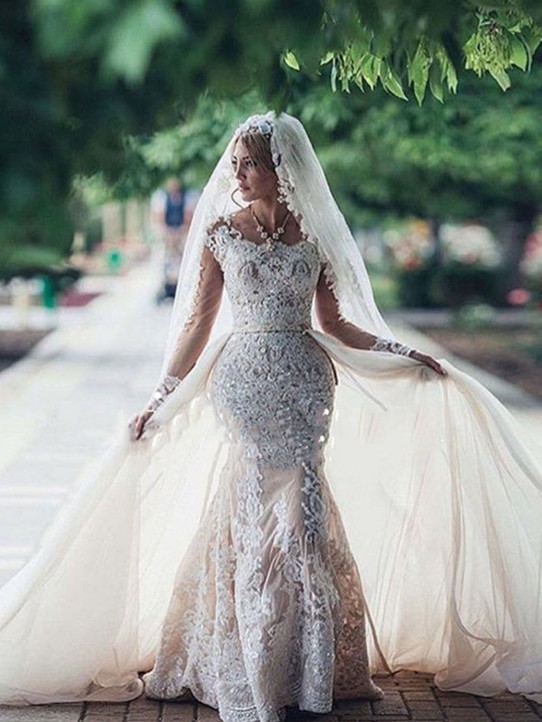 Elegant Sexy Mermaid Long Sleeves Lace Wedding Dresses UK Scoop Neckline Appliques Detachable Skirt Bridal Gowns