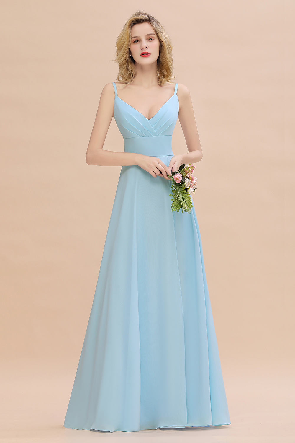 V-Neck A-line Bridesmaid Dress Straps Chiffon Long Wedding Party Dress with Side Split