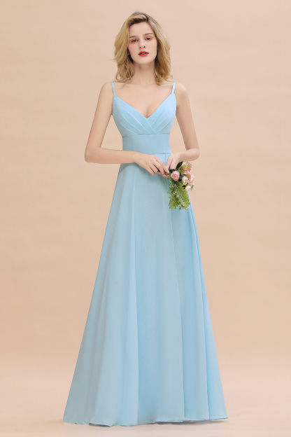 V-Neck A-line Bridesmaid Dress Straps Chiffon Long Wedding Party Dress with Side Split