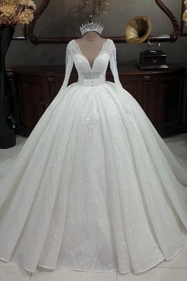 Gorgeous Long Sleeves Wedding Dress Glitter Sequins Bridal Gown