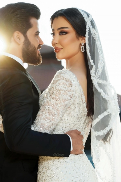 Unique Square Neckline Long Sleeve Sequins Mermaid Wedding Dresses