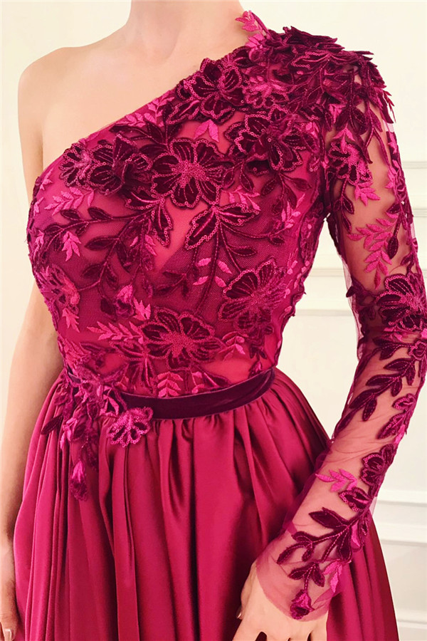 One Shoulder Sexy Slit Burgundy Prom Dress | Affordable One Sleeve Appliques Evening Dress UK