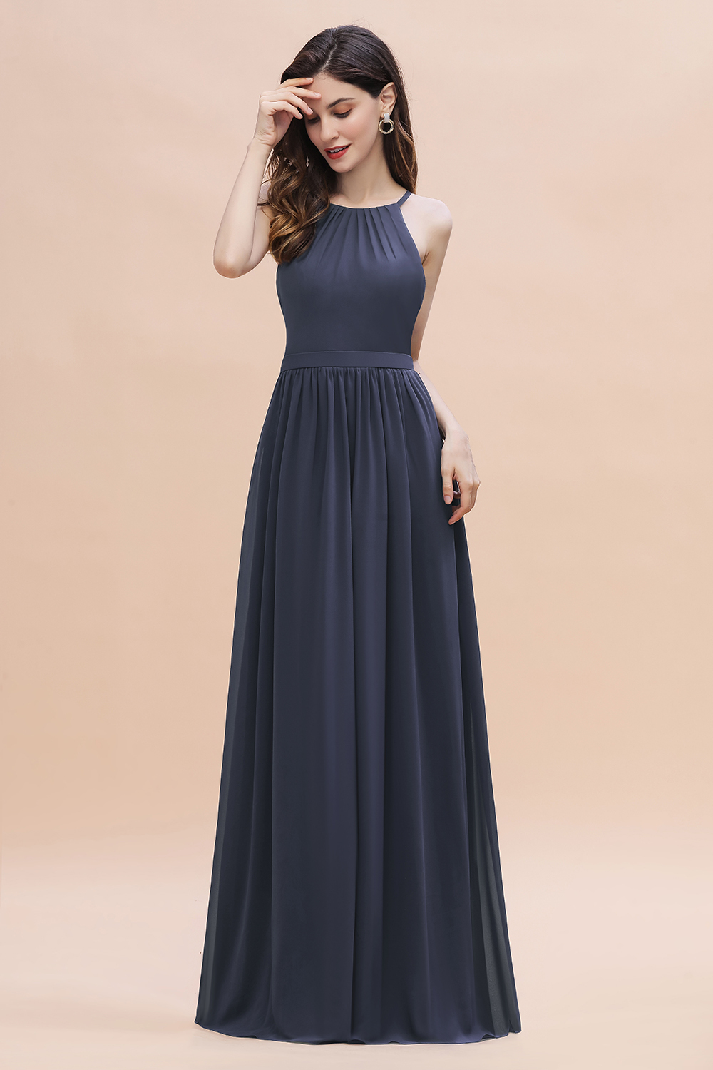 Halter Ruched Chiffon Long Stormy Bridesmaid Dress Sleeveless