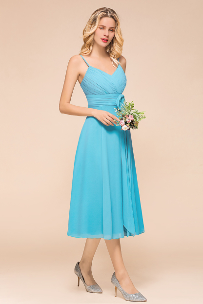 Elegant Blue Short Bridesmaid Dress Ruched Chiffon Spaghetti Straps