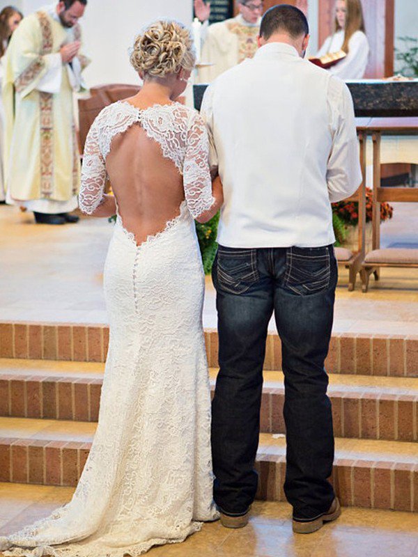 1/2 Sleeves Sweep Train Sheath Ruched Lace Scoop Neckline Wedding Dresses UK