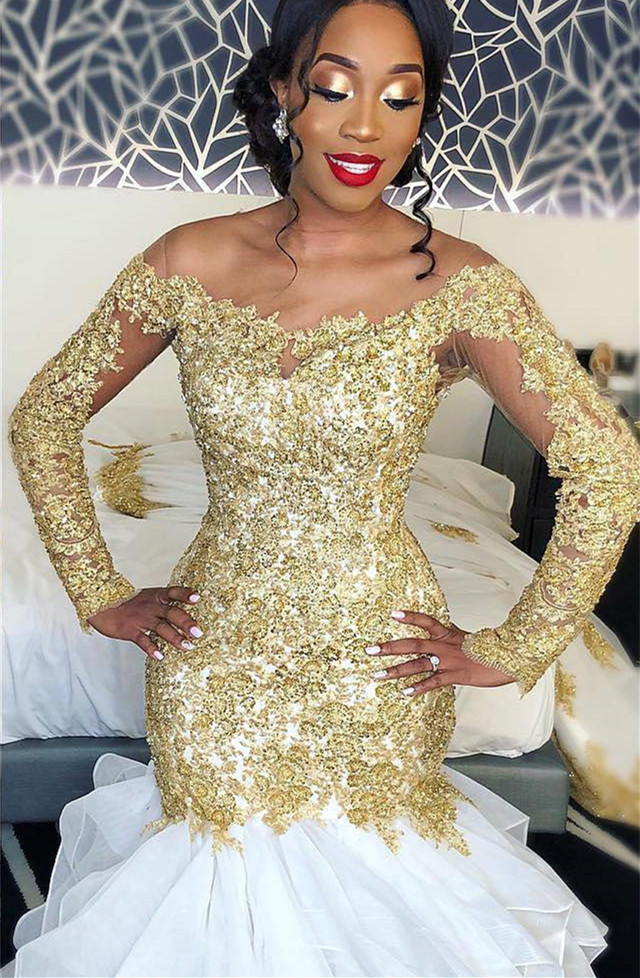 Delicate Gold Lace Long Sleeve Wedding Dress | Sexy Mermaid Bridal Gown