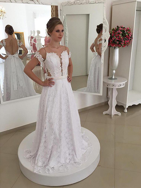 Lace Short Sleeves A-Line Sweep Train Scoop Neckline Wedding Dresses UK