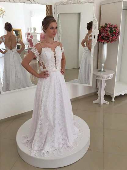 Lace Short Sleeves A-Line Sweep Train Scoop Neckline Wedding Dresses UK
