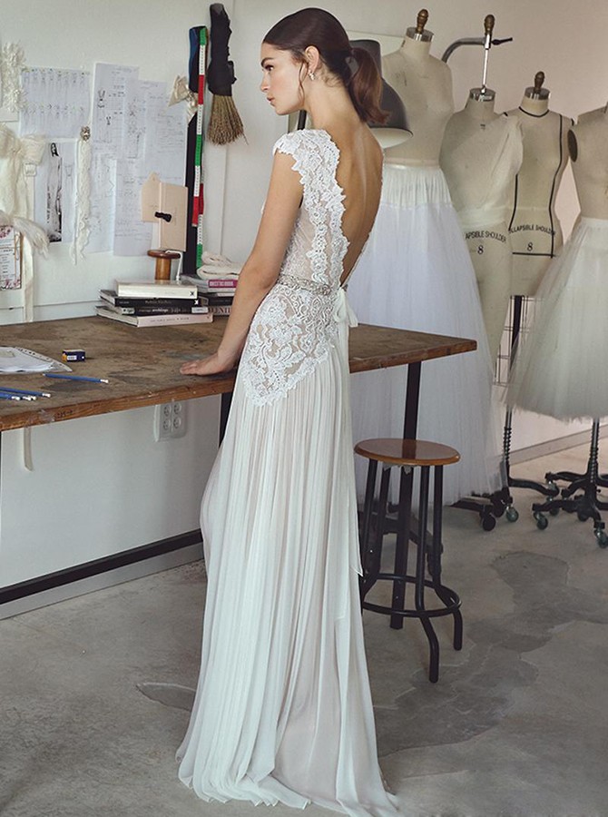 Long Elegant Cap-Sleeve Lace Crystal Lace Wedding Dress-27Dress.co.uk
