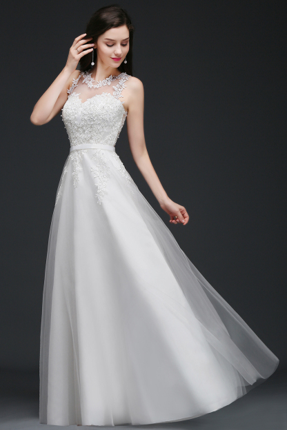 AMARI | A-Line Jewel Floor Length Tulle Wedding Dresses with Lace