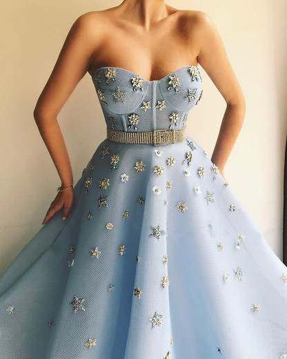 Sexy Strapless Beaded Flowers Prom Dress | Blue Tulle Long Evening Dress UK with Beadning Sash