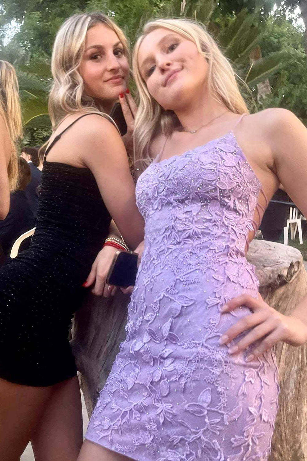 Spaghetti Straps Purple Tight Short Homecoming Dress with Appliques