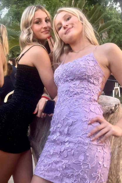 Spaghetti Straps Purple Tight Short Homecoming Dress with Appliques