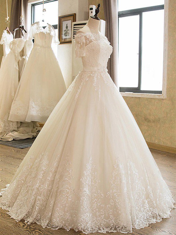 Floor-Length Applique Ball Gown Off-the-Shoulder Lace Tulle 1/2 Sleeves Wedding Dresses UK