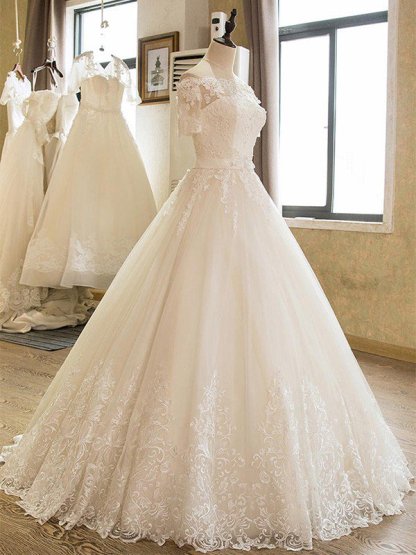 Floor-Length Applique Ball Gown Off-the-Shoulder Lace Tulle 1/2 Sleeves Wedding Dresses UK