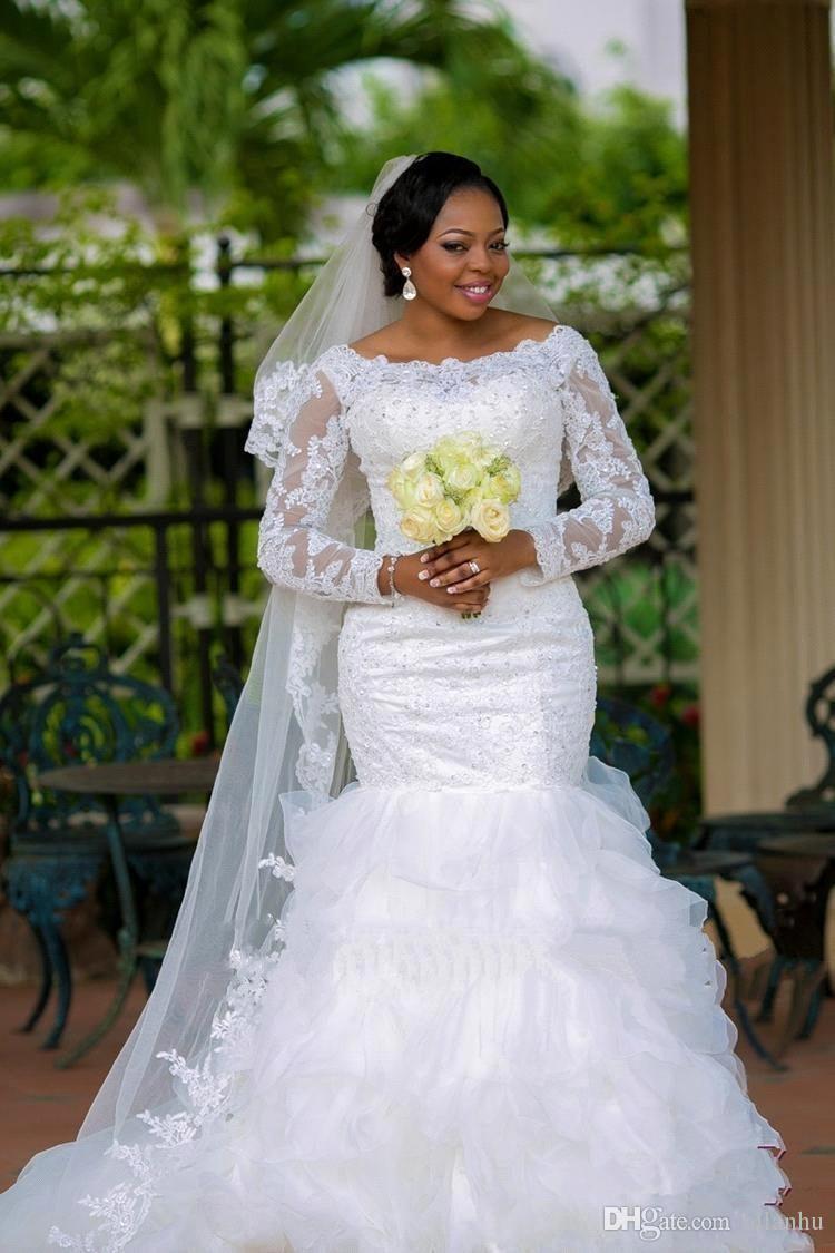 dhgate long sleeve dress Dhgate Long Sleeve Lace Beaded Wedding Dress Gorgeous Long Sleeve Plus Size  Wedding Dress Sexy Mermaid