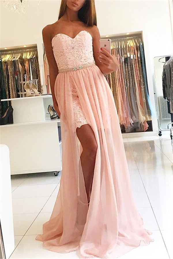 Pink Sweetheart Applique Crystal Prom Dress UKes UK Side Slit Lace Elegant Evening Dress UKes UK Over Skirt with Sash