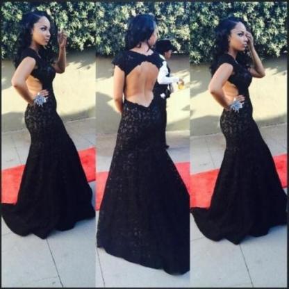 Modern Lace Black Mermaid Prom Dress UK Sweep Train Cap Sleeve