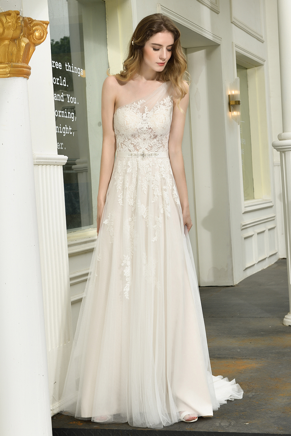 One Shoulder A-line Wedding Dress Lace Appliques