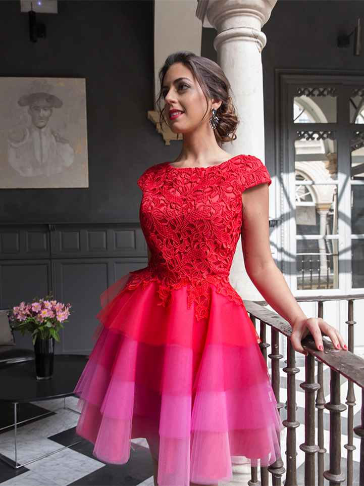 A-line Tulle Lace Jewel Homecoming Dress Cap-Sleeve Short Party Dress UK