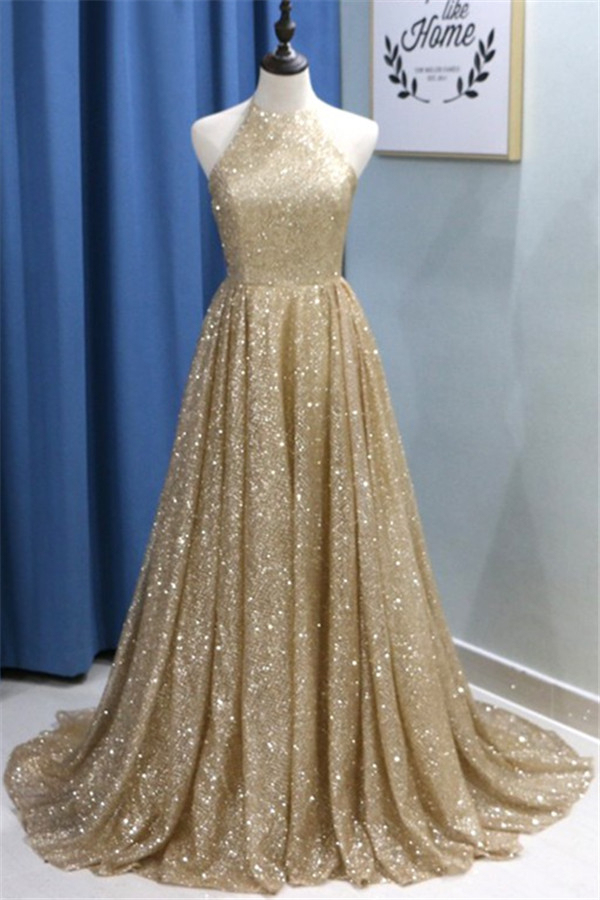 Sexy Sequins Ruffles Halter Prom Dress UKes UK Sleeveless Elegant Evening Dress UKes UK with Beads